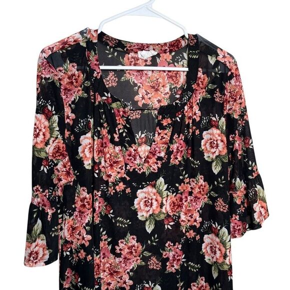 Siren Lily Blouse Women's 2X Floral Mesh V-Neck Short Sleeve Sheer Top Boho - Picture 2 of 11